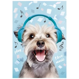 Jegyzetfüzet borító – kutyus fejhallgatóval, &quot;I love music&quot; dizájn PKK763488B