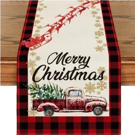 Karácsonyi asztali futó 180 x 33 cm – piros kockás minta, vintage autóval – BZK10