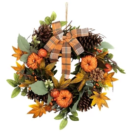 MagicHome őszi függő koszorú tobozokkal, levelekkel és kockás masnival – 35 cm 8091697