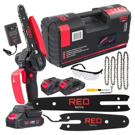 RED TECHNIC akkumulátoros mini láncfűrész 21 V – 2 akkumulátorral, 4" és 6" vezetőlemezzel RTMPA0064