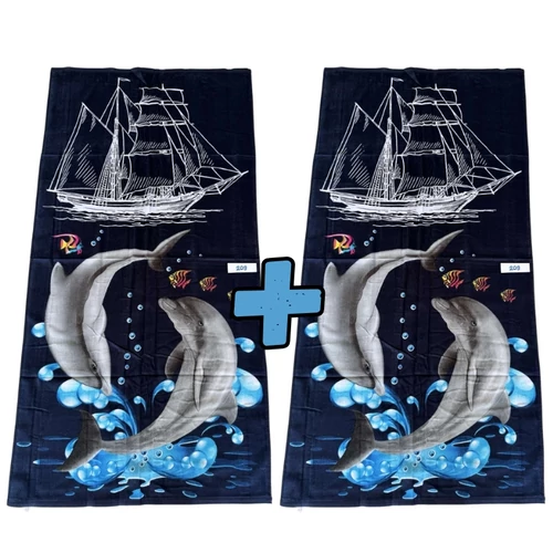 Strand törölköző 70 x 140 cm - Hajó és delfin mintás 1+1 AJÁNLAT 209-2