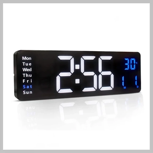 Műanyag Digitális Fali Óra – 40 cm LED Kijelző, Dátum, Hőmérséklet, Távirányító – Kék-Fehér – 6286408
