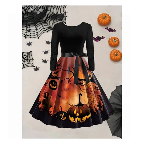 Halloween női ruha – tök mintás, fekete-fekete-narancs – AF4205994