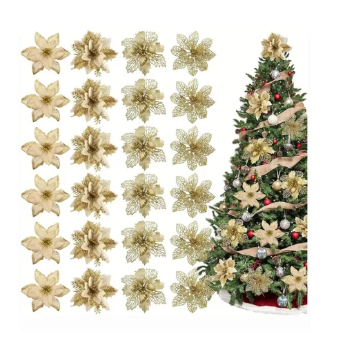 Karácsonyi virágdísz szett – 24 db, arany, 14–15 cm – NV167367-2