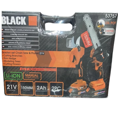 BLACK Akkumulátoros kerti láncfűrész és ágvágó készlet 53757 