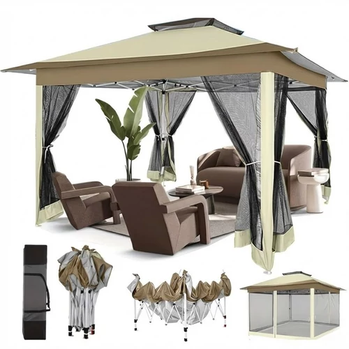 Prémium Összecsukható Kerti Pavilon és Partisátor Szúnyoghálóval (3x3m) - Khaki XH1000824-2