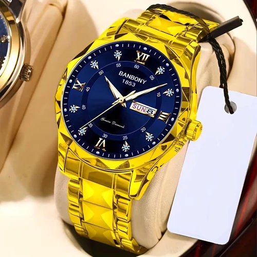 BANBONY quartz óra római számokkal kék-arany JU9178069-KA