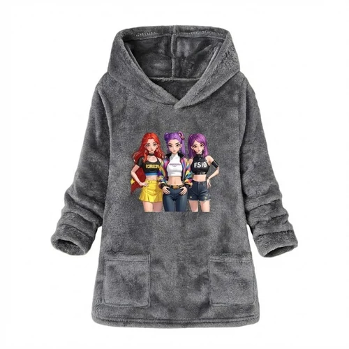 K-POP Mintás Midi Kapucnis Fleece Kabát – 64 cm Mellbőség TY9506807-64