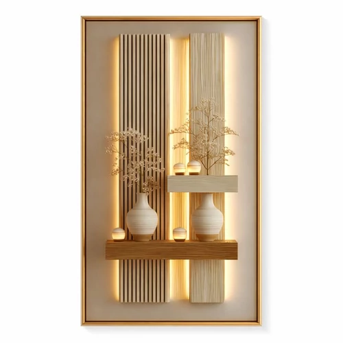 Modern dekoratív vászon falikép fa polc és váza motívummal 70 × 140 cm 62M3350582