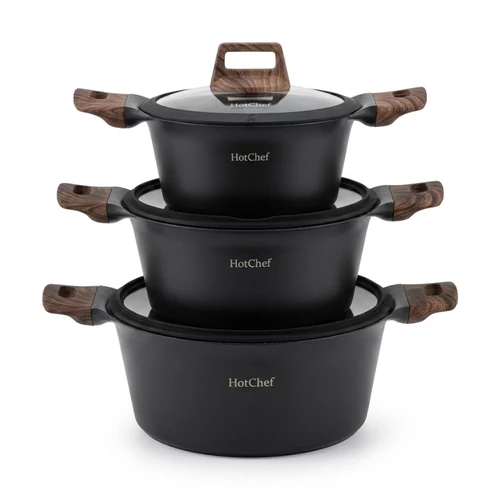 HotChef Matt Fekete Főzőedény Készlet – Elegancia és Funkcionalitás NUBE26-21F