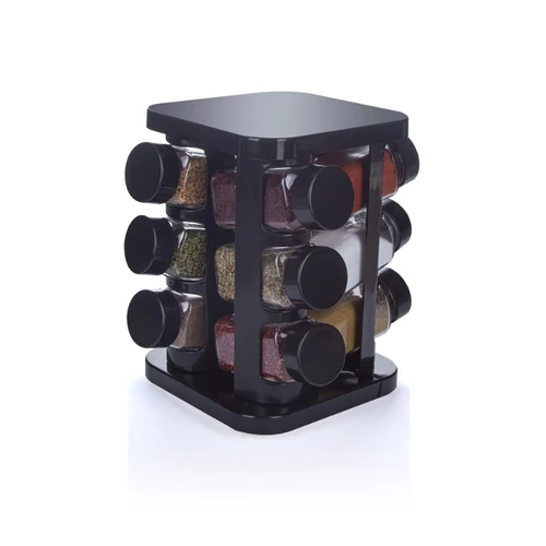Modern Forgatható Fűszertartó Állvány 12 Darabos Üveg Tárolóval (12 x 140 ml) – Fekete 1008014