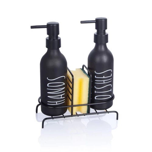 Prémium Grafitszürke Üveg Mosogatószer és Szappanadagoló Szett Fém Állvánnyal és Szivaccsal (2 x 300 ml) 1008027