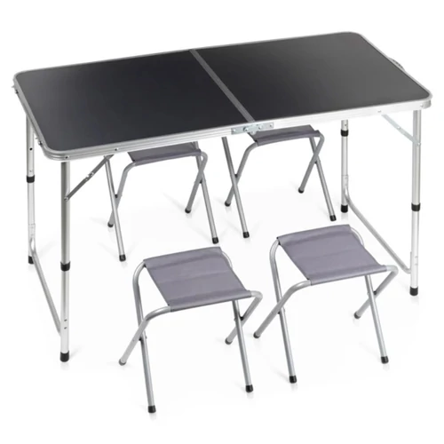 Összecsukható fém kempingasztal székekkel  –  120x60x55/62/70 cm, 5 részes szett 489412