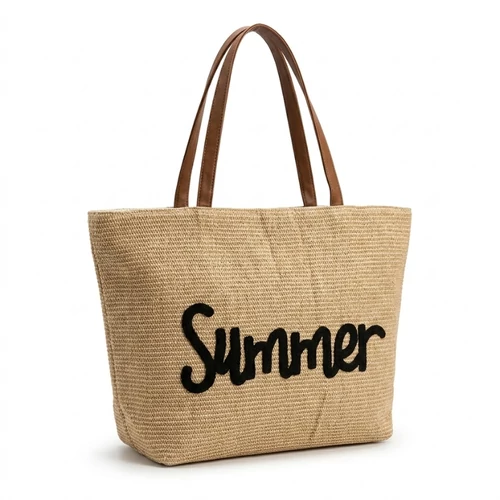 Elegáns Fonott Nyári Strandtáska Barna Pántokkal és Summer Felirattal TSK-09