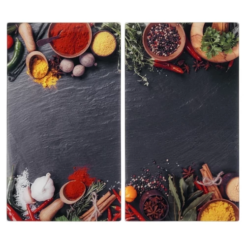 Kétrészes üveg vágódeszka és tűzhelyfedő szett – fűszermintás, 60 × 52 cm 259507