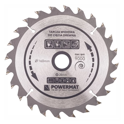 Powermat keményfém lapkás körfűrésztárcsa fához – 160 mm, 24 fog PM0878