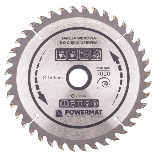 Powermat keményfém lapkás körfűrésztárcsa fához – 160 mm, 40 fog PM0879