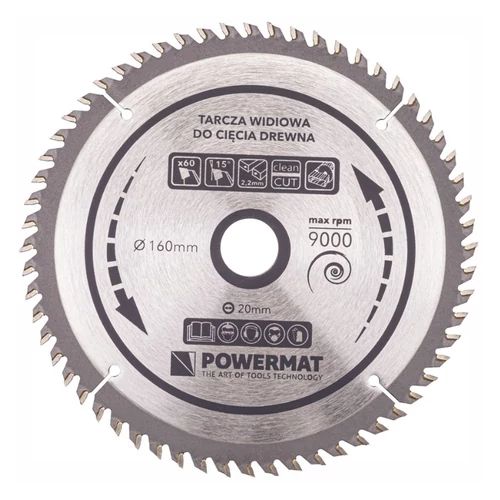Powermat keményfém lapkás körfűrésztárcsa – 160 mm, 60 fog PM0881