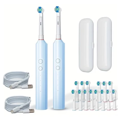 2 db kék elektromos fogkefe 16 kefefejjel, USB-töltéssel és utazótokkal TD4461037-3