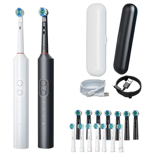 2 db elektromos fogkefe 16 kefefejjel, USB-töltéssel és utazótokkal, fekete és fehér TD4461037-5