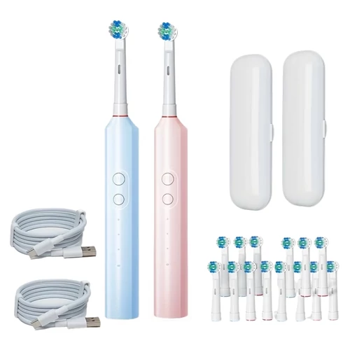 2 db elektromos fogkefe 16 kefefejjel, USB-töltéssel és utazótokkal, kék és rózsaszín TD4461037-6