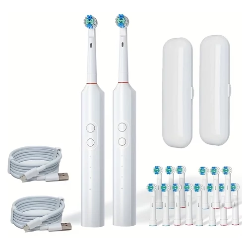 2 db fehér elektromos fogkefe 16 kefefejjel, USB-töltéssel és utazótokkal TD4461037