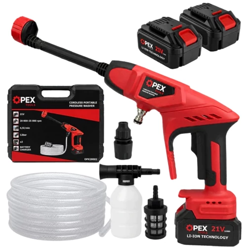 OPEX TOOLS OPX28001 21V akkumulátoros magasnyomású mosó, 2×3 Ah akkumulátorral és multifunkciós fúvókakészlettel – 28001