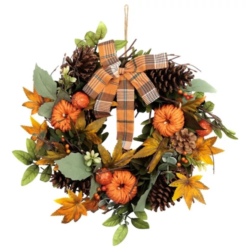 MagicHome őszi függő koszorú tobozokkal, levelekkel és kockás masnival – 35 cm 8091697