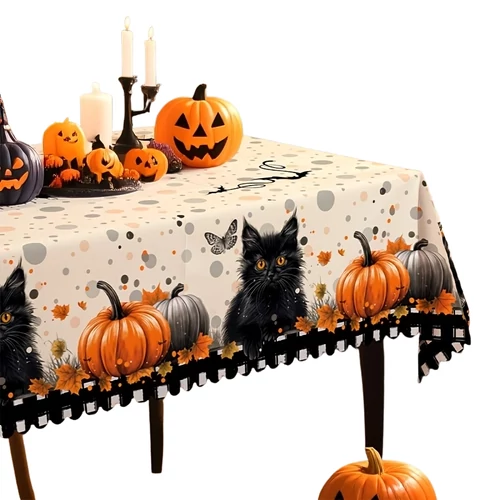 Halloween fekete macskás és tökös asztalterítő – 150 × 220 cm 1WM0562187
